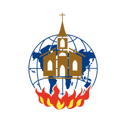 Logo de l'église Palais sur le Rocher : un temple doré dans un globe terrestre, porté par des flammes