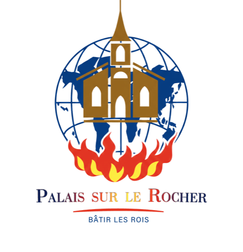 Logo de l'église Palais sur le Rocher : un temple doré dans un globe terrestre, porté par des flammes, avec la devise Bâtir les rois
